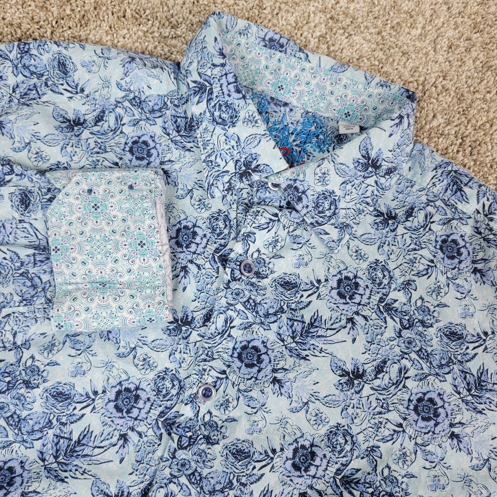 Robert Graham Mens 2XL Blue AOP Floral Button Upâ Long Sleeve Flip Cuff